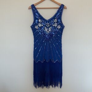 Babeyond Blue Beaded Sequined Flapper Dress M Fringed 1920s Great Gatsby Party